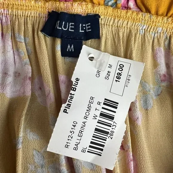 Blue Life Romper Womens M Yellow Floral Ruffle Smocked Strapless Mini Bohemian - Picture 3 of 4